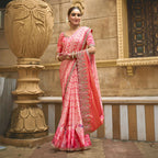 Pink Gajji Silk Foil With Moti Work Saree With Unstitched Blouse - Norita Gajri