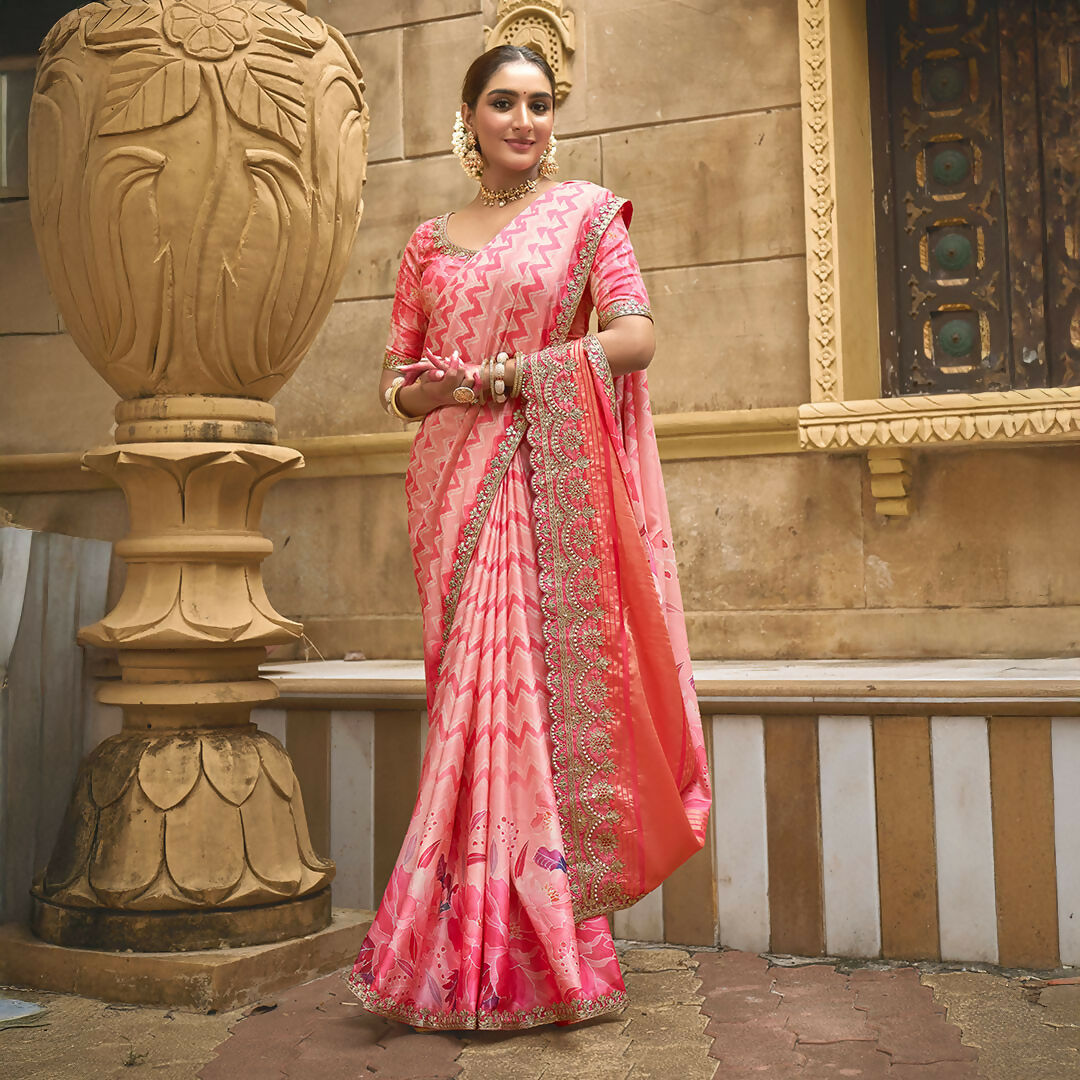 Pink Gajji Silk Foil With Moti Work Saree With Unstitched Blouse - Norita Gajri