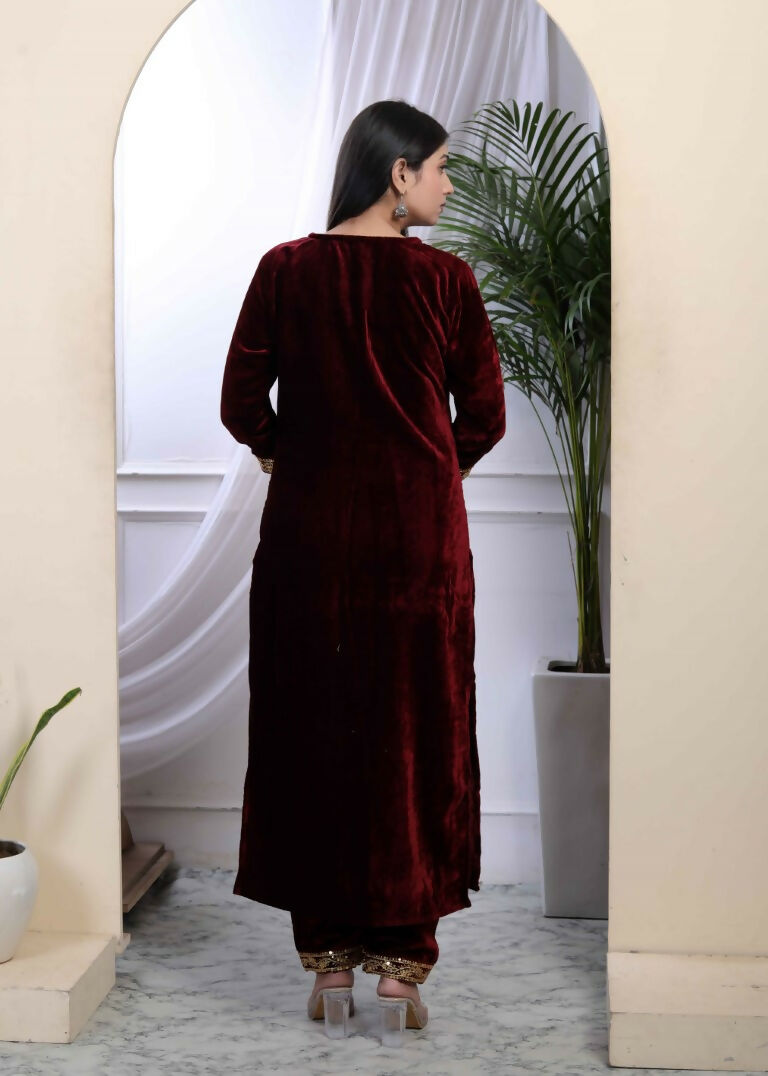 Miravan Women's Maroon Velvet Sequence Work Straight Kurta With Palazzo