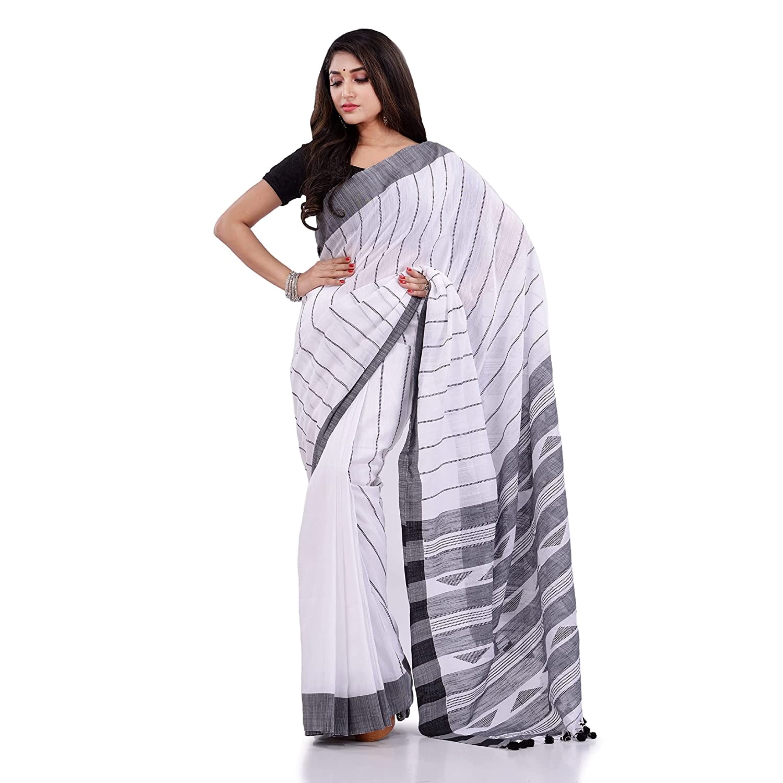 Piyari Fashion Handloom White Cotton Saree - Distacart