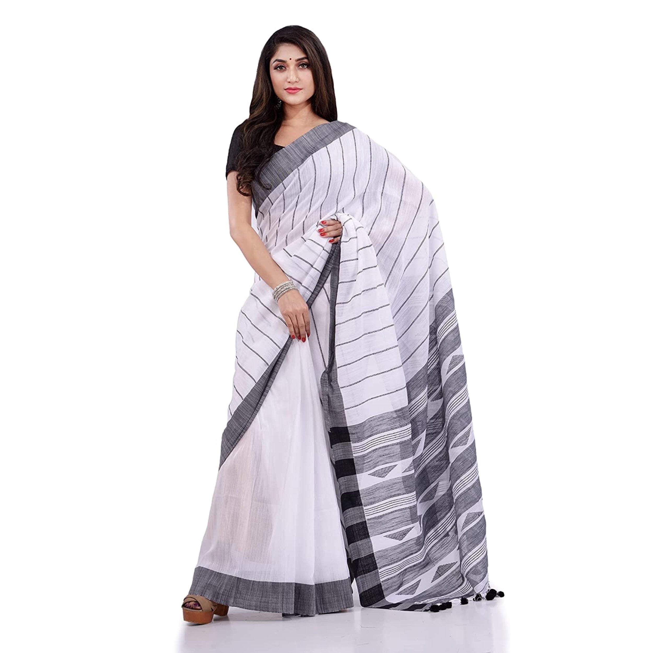 Piyari Fashion Handloom White Cotton Saree - Distacart