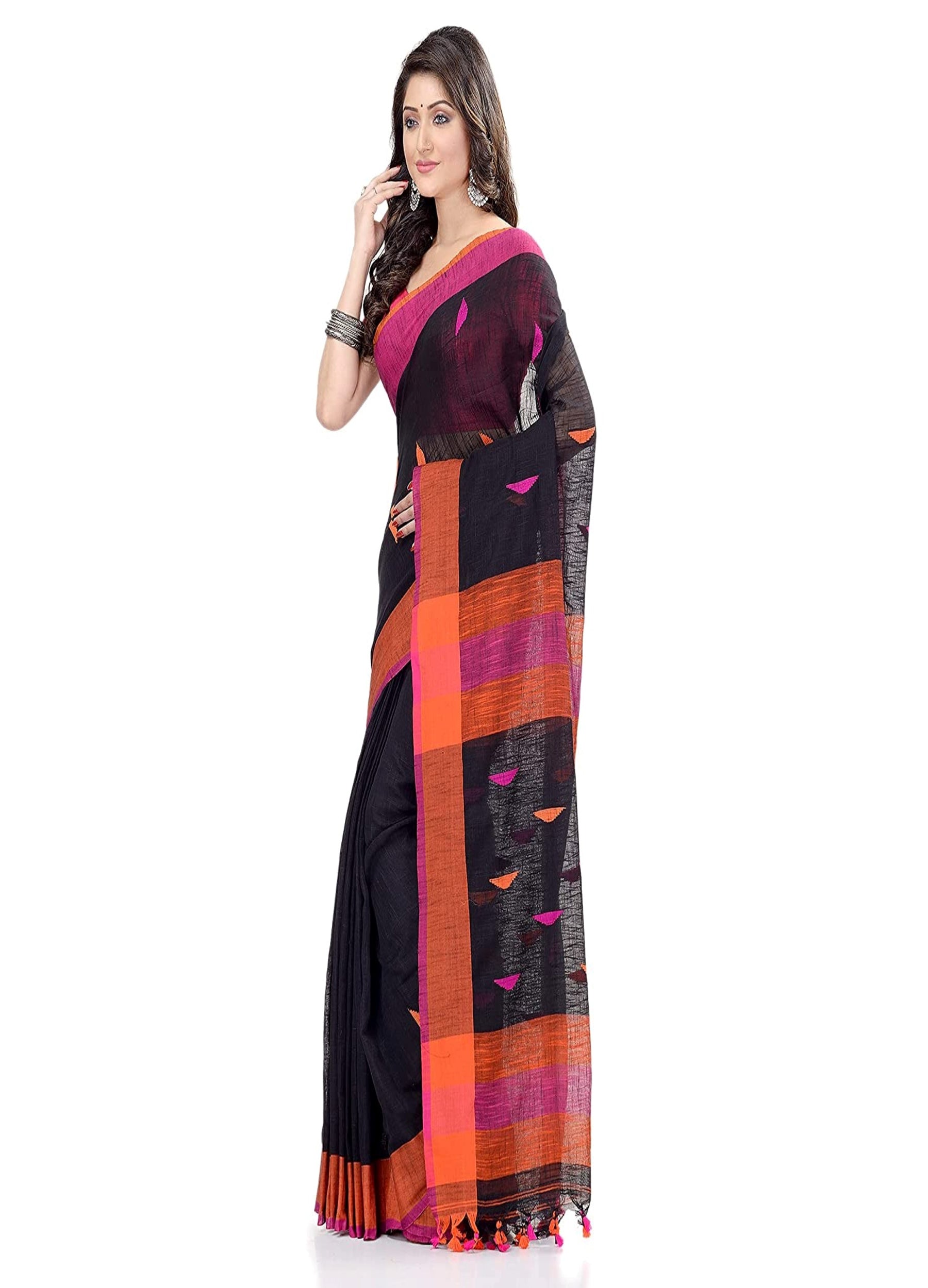 Piyari Fashion Handloom Black Cotton Saree - Distacart