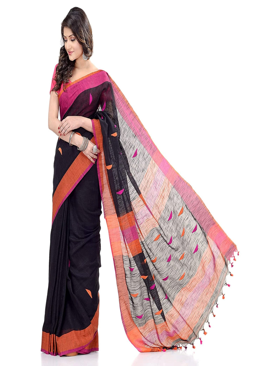 Piyari Fashion Handloom Black Cotton Saree - Distacart