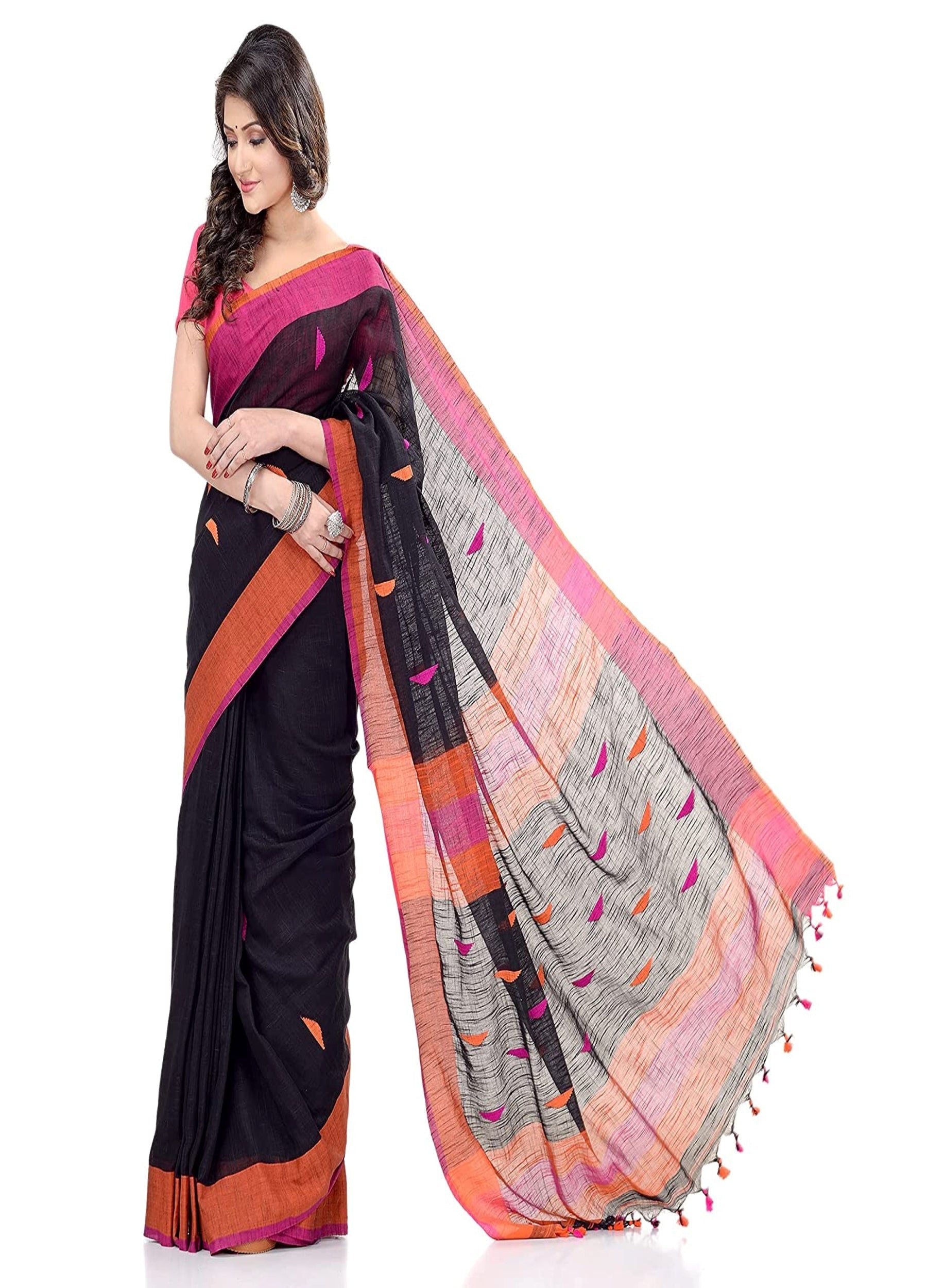 Piyari Fashion Handloom Black Cotton Saree - Distacart