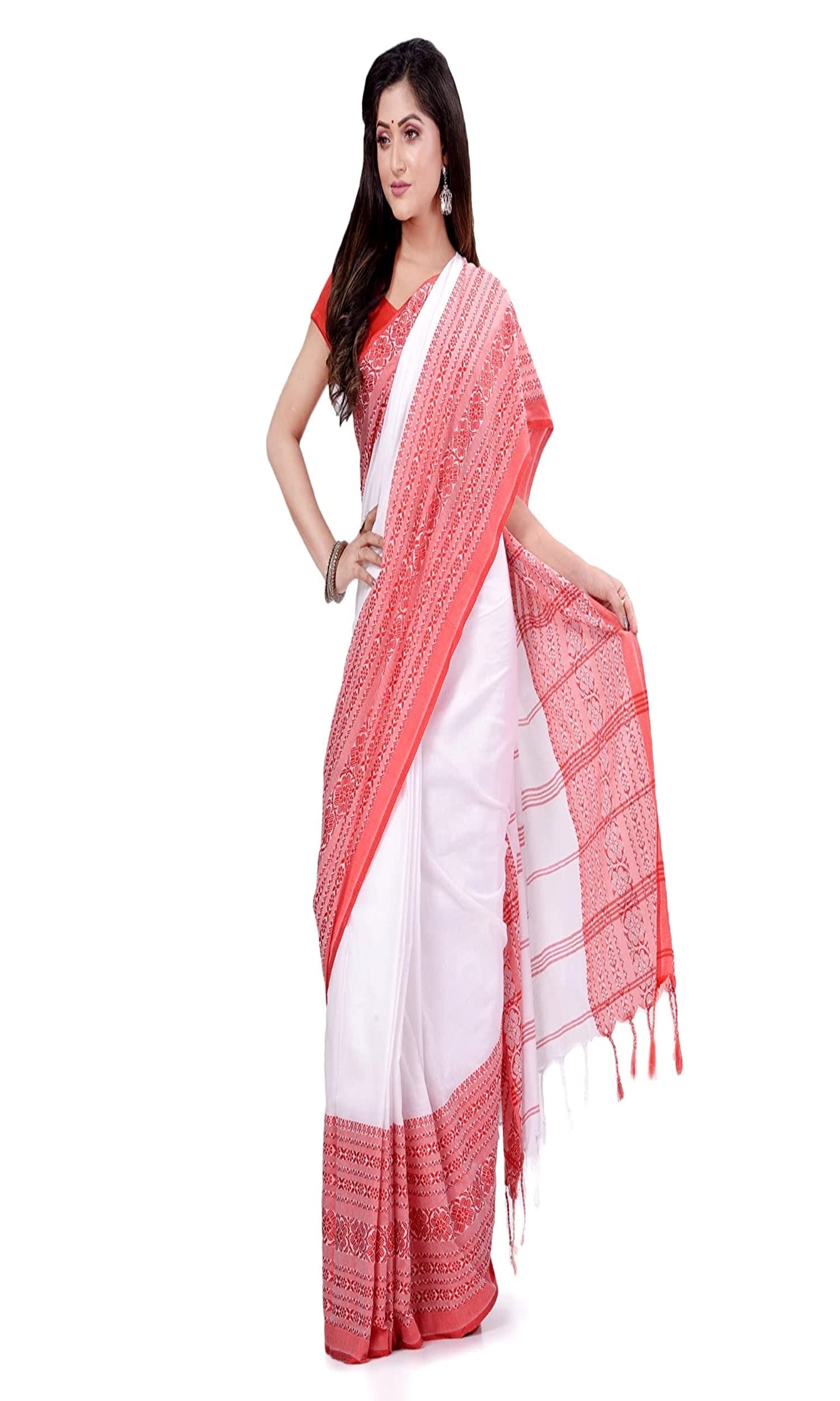 Piyari Fashion Handloom White Cotton Begampuri Saree - Distacart