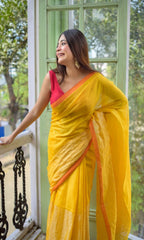 Piyari Fashion Yellow Handloom Tissue Saree - Distacart