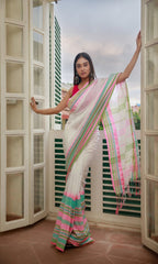 Piyari Fashion Handloom White Cotton Begampuri Saree - Distacart