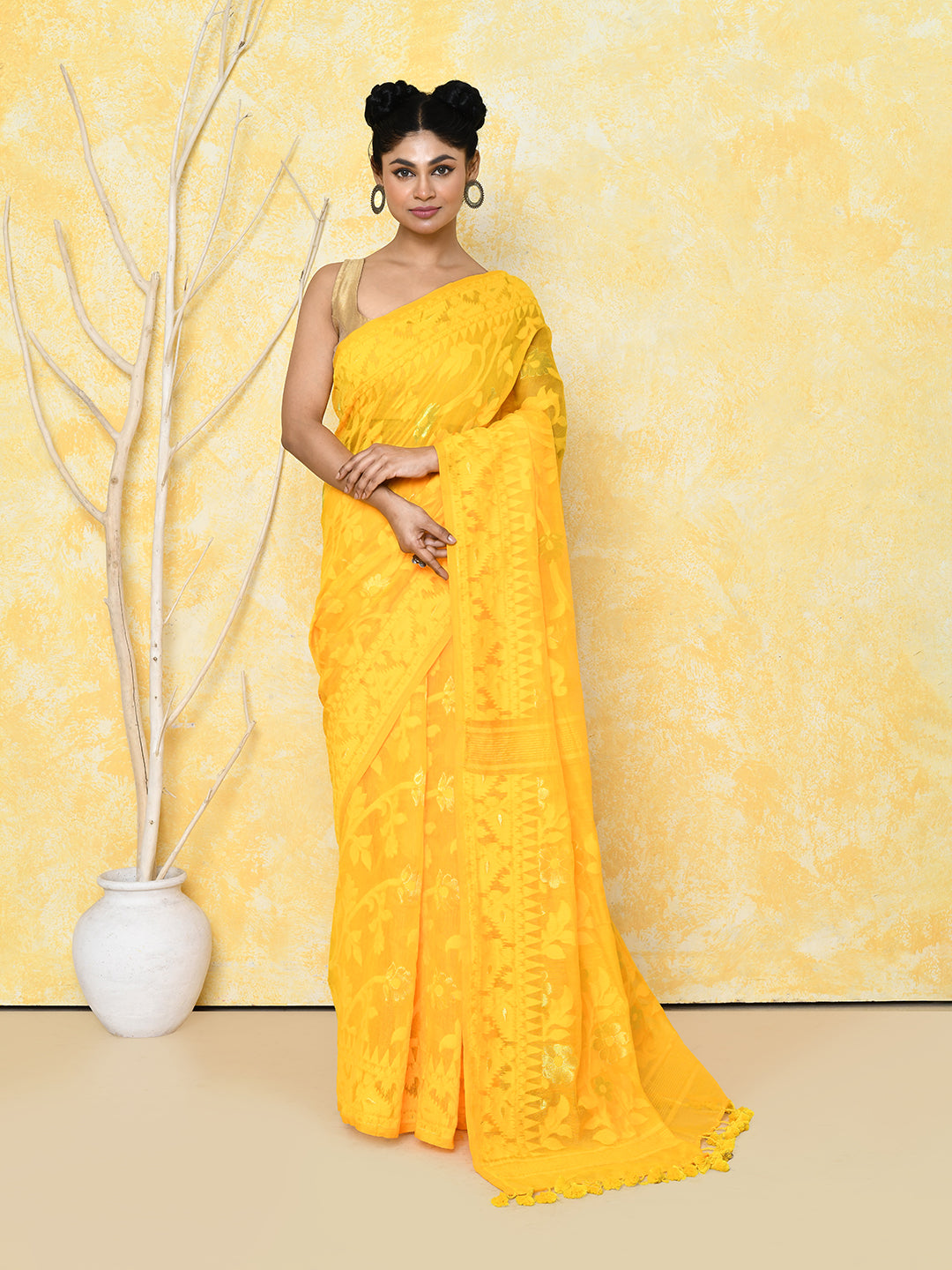 Piyari Fashion Women's Yellow Cotton Silk Jamdani Saree - Distacart