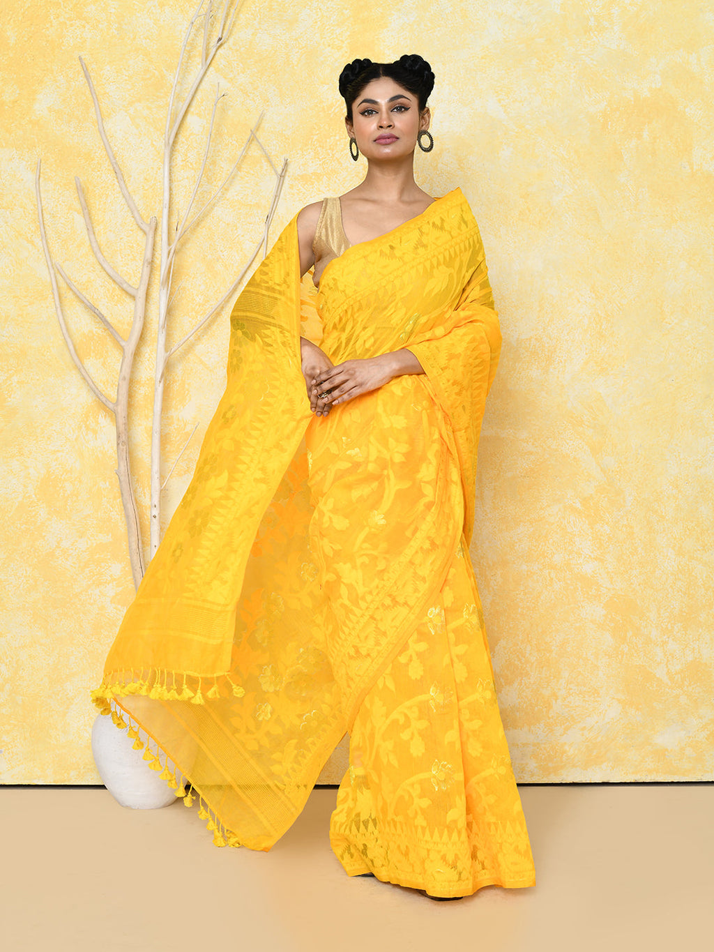 Piyari Fashion Women's Yellow Cotton Silk Jamdani Saree - Distacart