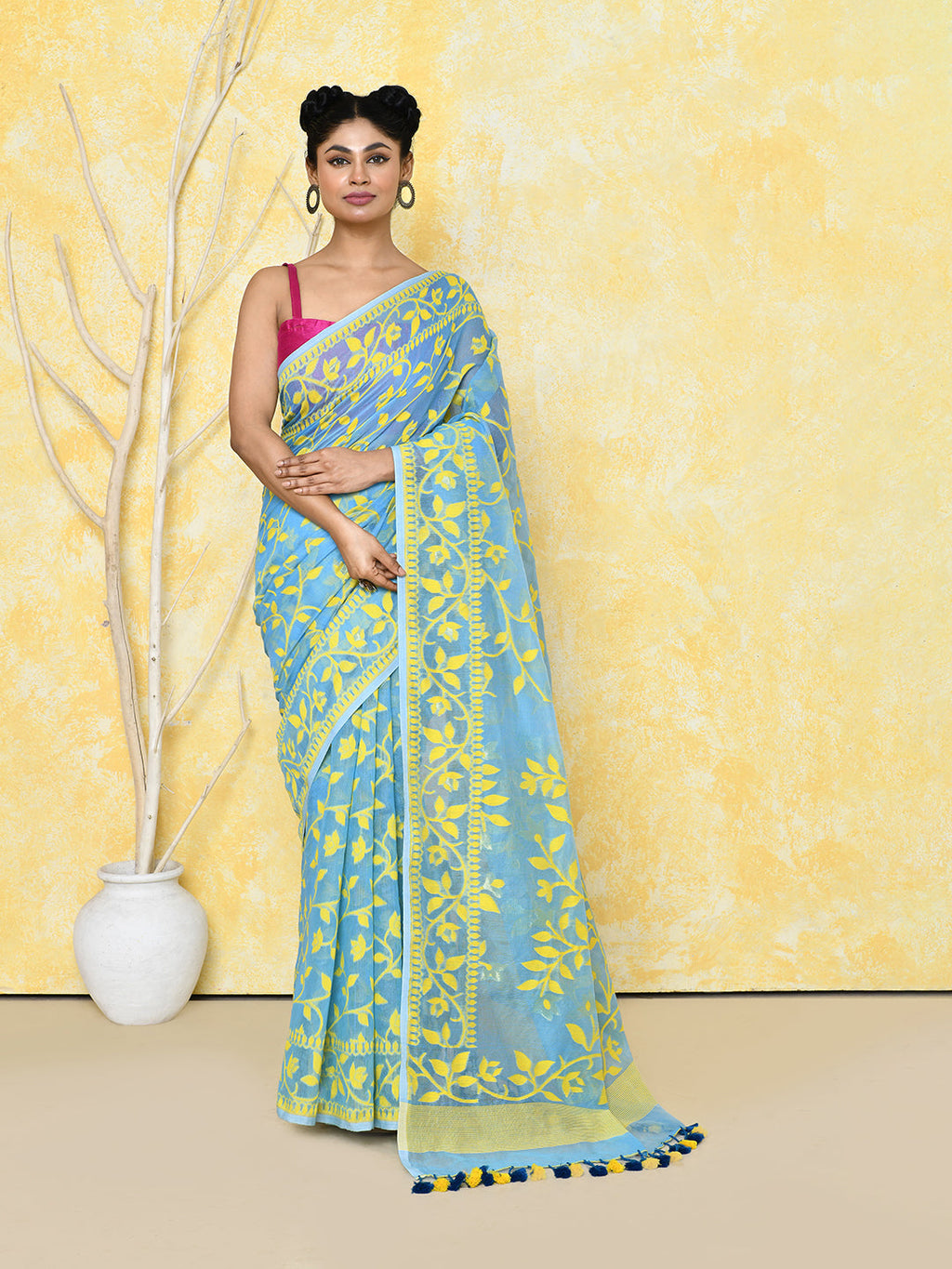 Piyari Fashion Women's Sky Blue Cotton Silk Jamdani Saree - Distacart