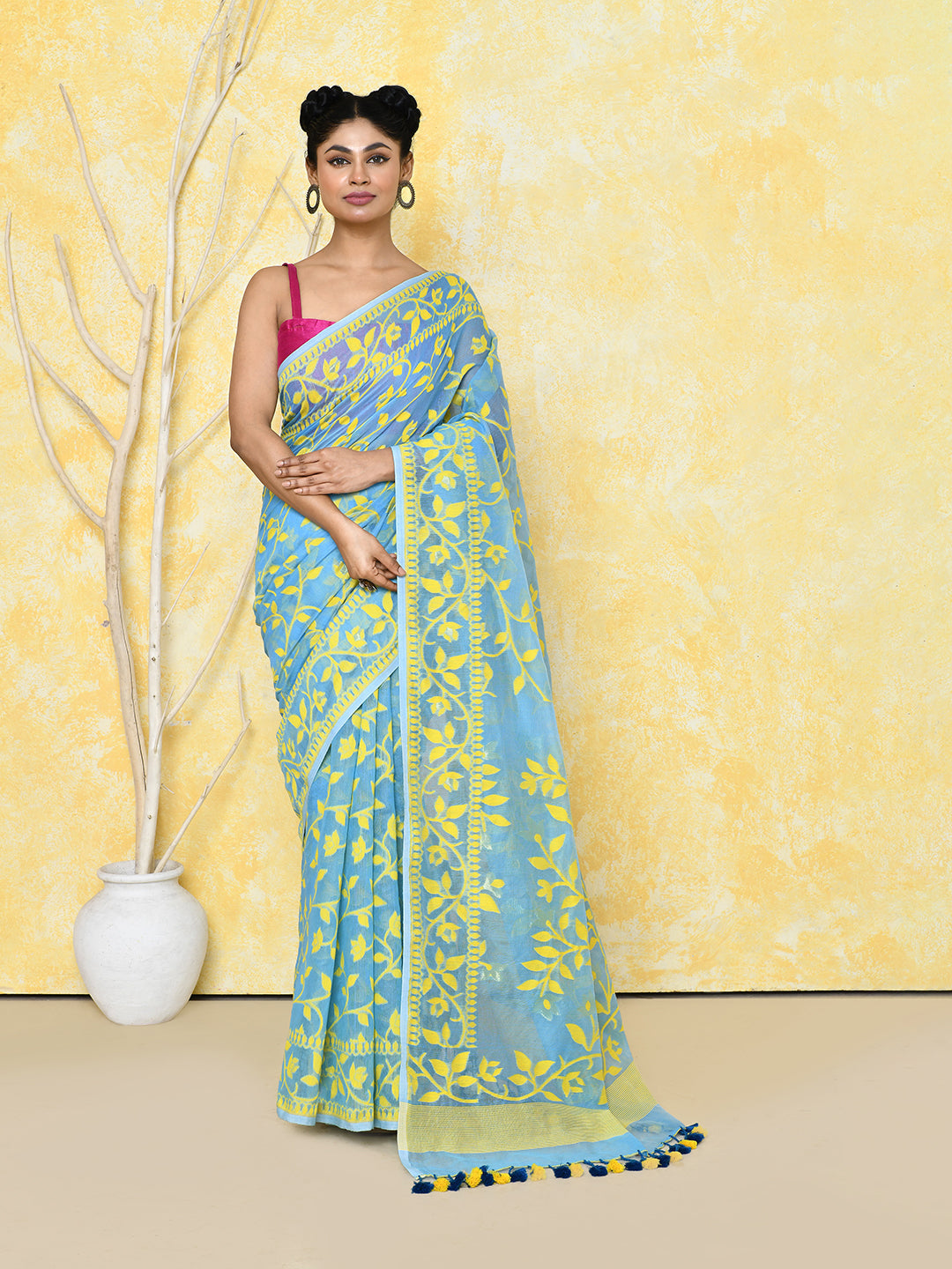 Piyari Fashion Women's Sky Blue Cotton Silk Jamdani Saree - Distacart