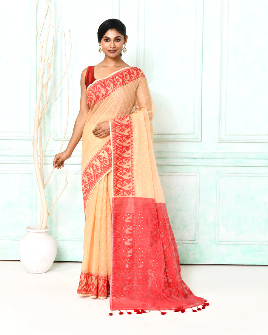 Piyari Fashion Women's Muga Red Cotton Silk Jamdani Saree - Distacart