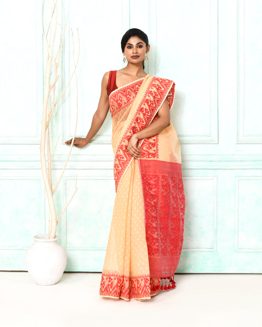 Piyari Fashion Women's Muga Red Cotton Silk Jamdani Saree - Distacart