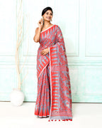 Piyari Fashion Women's Gray Red Cotton Silk Jamdani Saree - Distacart