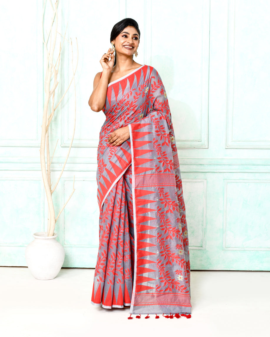 Piyari Fashion Women's Gray Red Cotton Silk Jamdani Saree - Distacart
