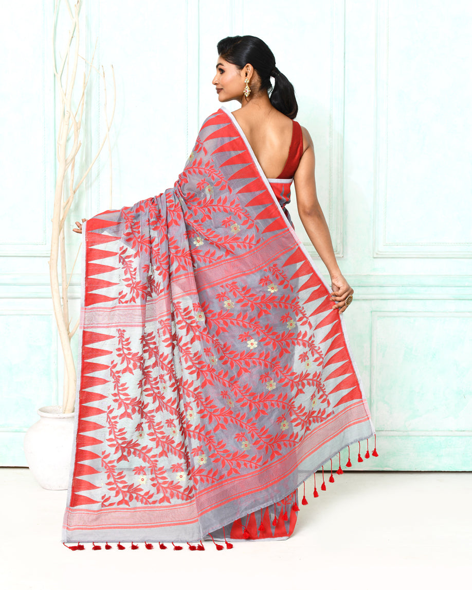 Piyari Fashion Women's Gray Red Cotton Silk Jamdani Saree - Distacart