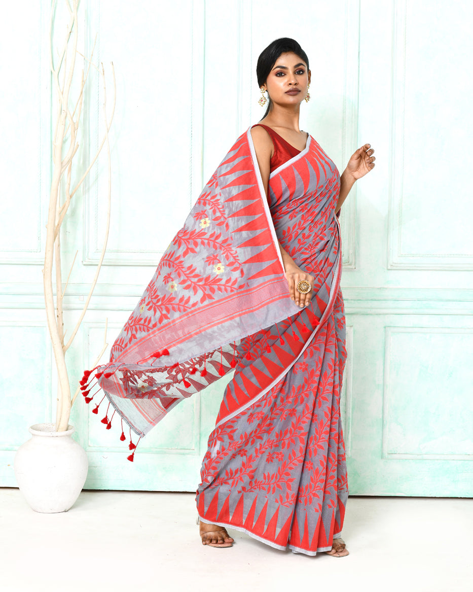 Piyari Fashion Women's Gray Red Cotton Silk Jamdani Saree - Distacart
