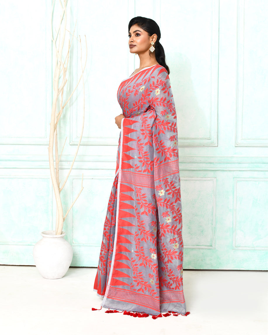 Piyari Fashion Women's Gray Red Cotton Silk Jamdani Saree - Distacart