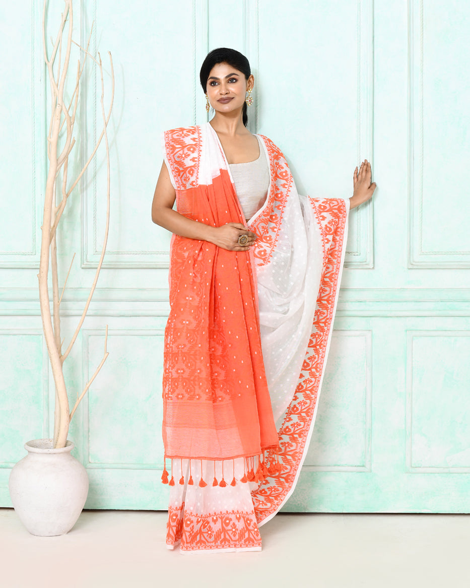 Piyari Fashion Women's White Orange Cotton Silk Jamdani Saree - Distacart
