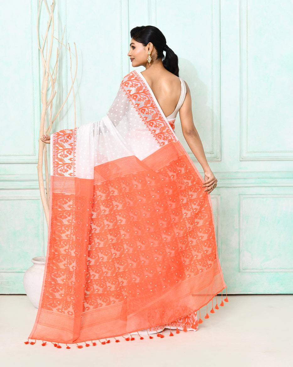 Piyari Fashion Women's White Orange Cotton Silk Jamdani Saree - Distacart