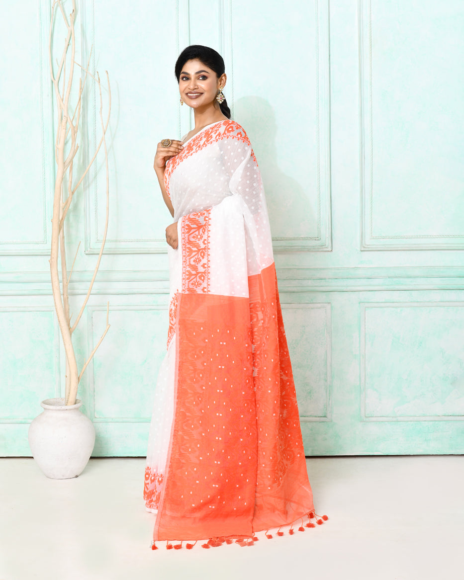 Piyari Fashion Women's White Orange Cotton Silk Jamdani Saree - Distacart