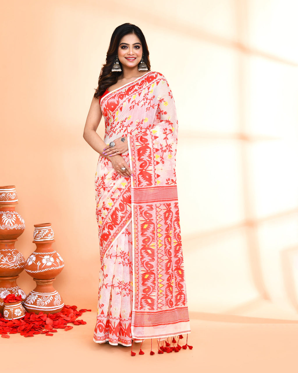 Piyari Fashion Women's Off White Red Cotton Silk Jamdani Saree - Distacart