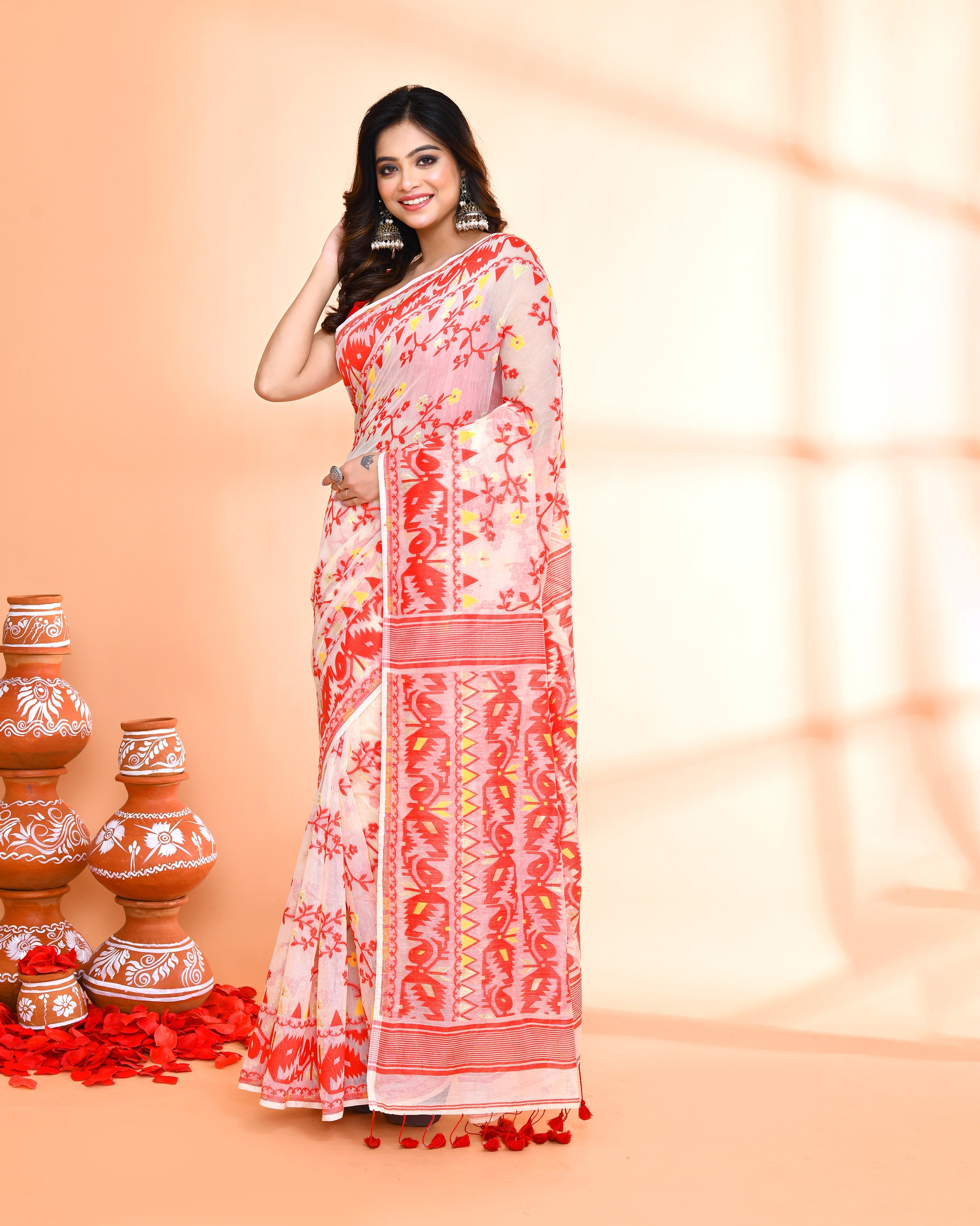 Piyari Fashion Women's Off White Red Cotton Silk Jamdani Saree - Distacart