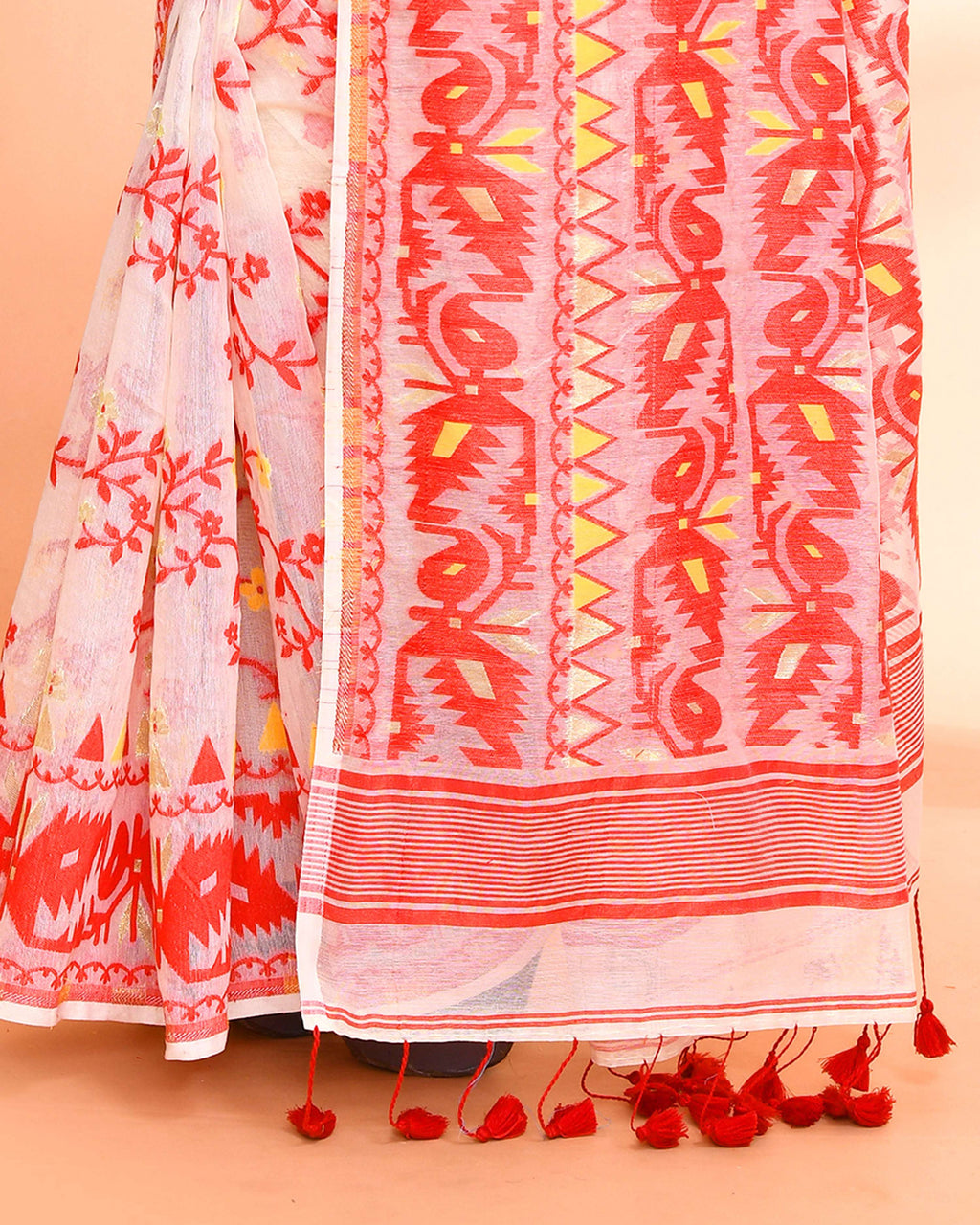Piyari Fashion Women's Off White Red Cotton Silk Jamdani Saree - Distacart