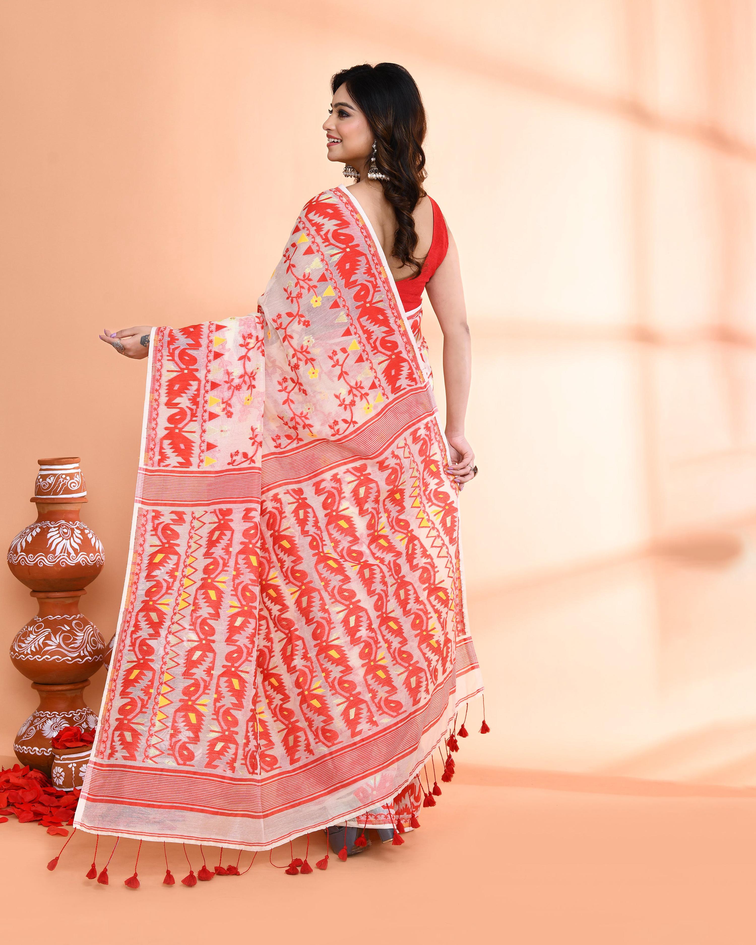 Piyari Fashion Women's Off White Red Cotton Silk Jamdani Saree - Distacart