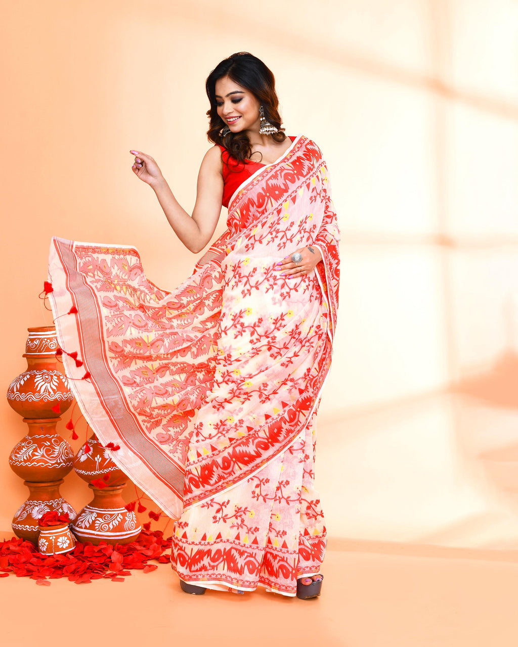 Piyari Fashion Women's Off White Red Cotton Silk Jamdani Saree - Distacart