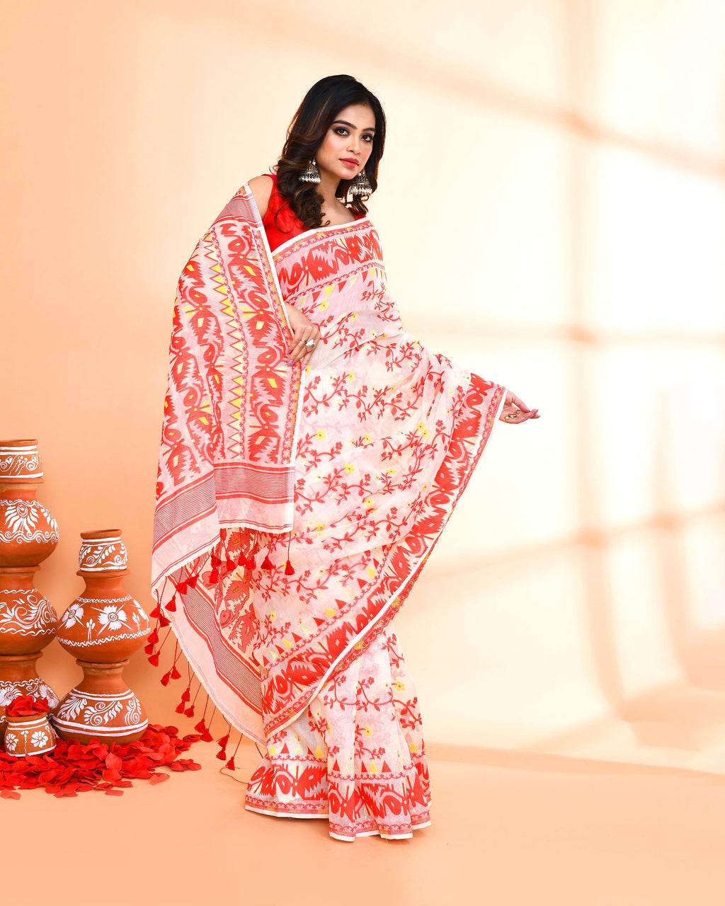 Piyari Fashion Women's Off White Red Cotton Silk Jamdani Saree - Distacart