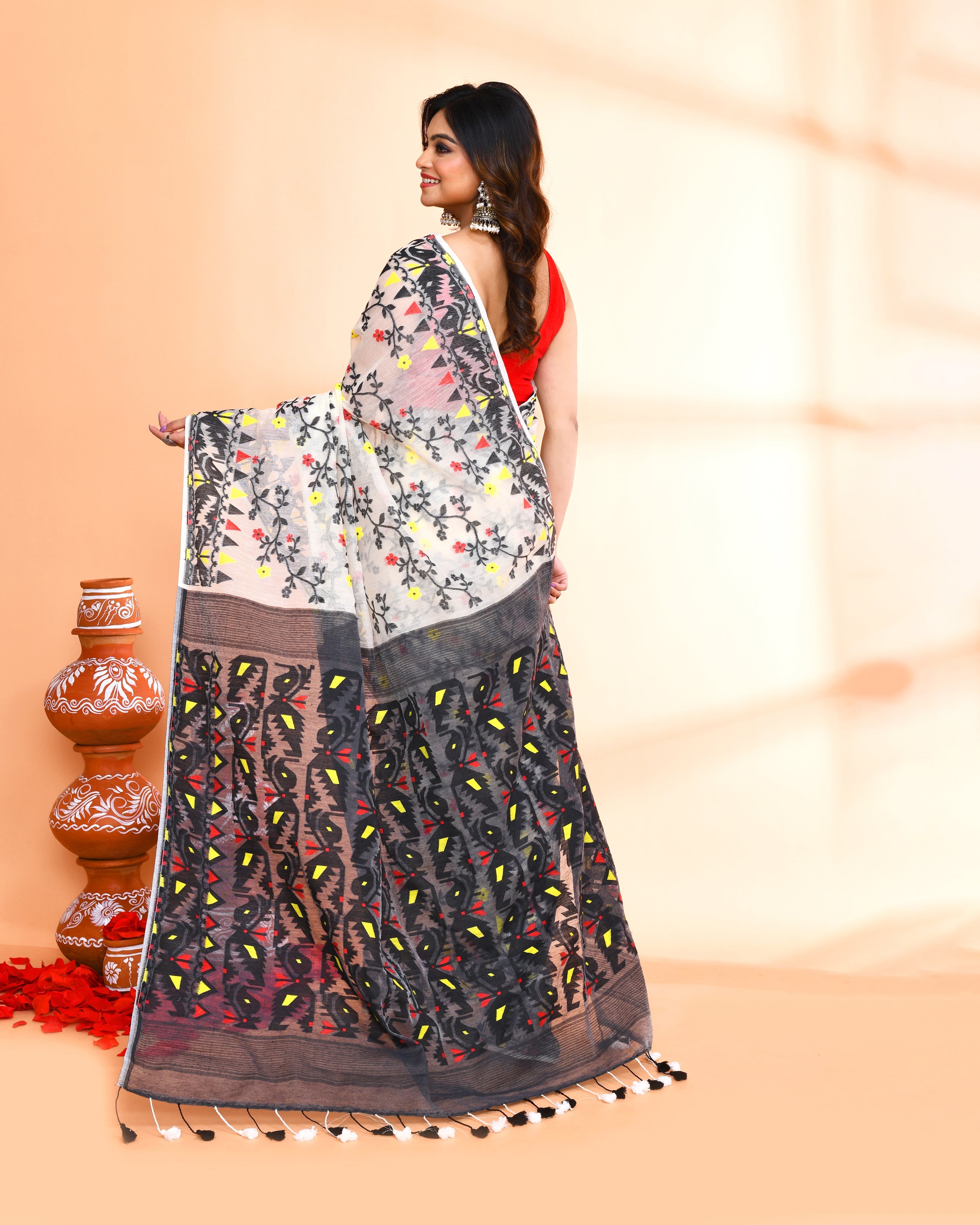 Piyari Fashion Women's Off White Black Cotton Silk Jamdani Saree - Distacart