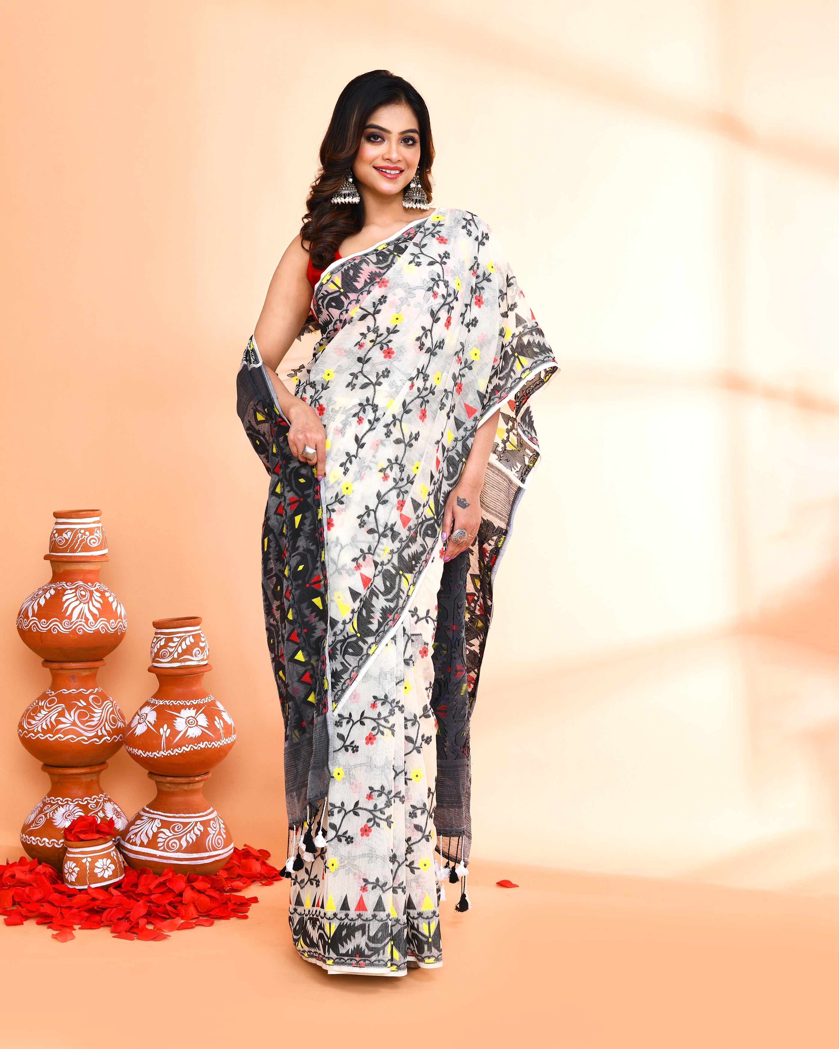Piyari Fashion Women's Off White Black Cotton Silk Jamdani Saree - Distacart