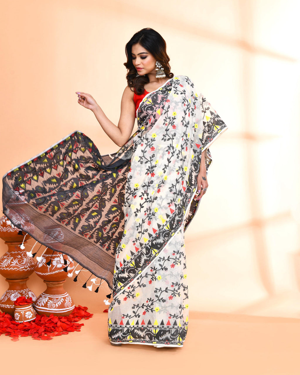Piyari Fashion Women's Off White Black Cotton Silk Jamdani Saree - Distacart