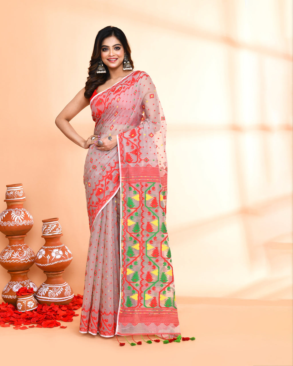 Piyari Fashion Women's Cane Beige Cotton Silk Jamdani Saree - Distacart