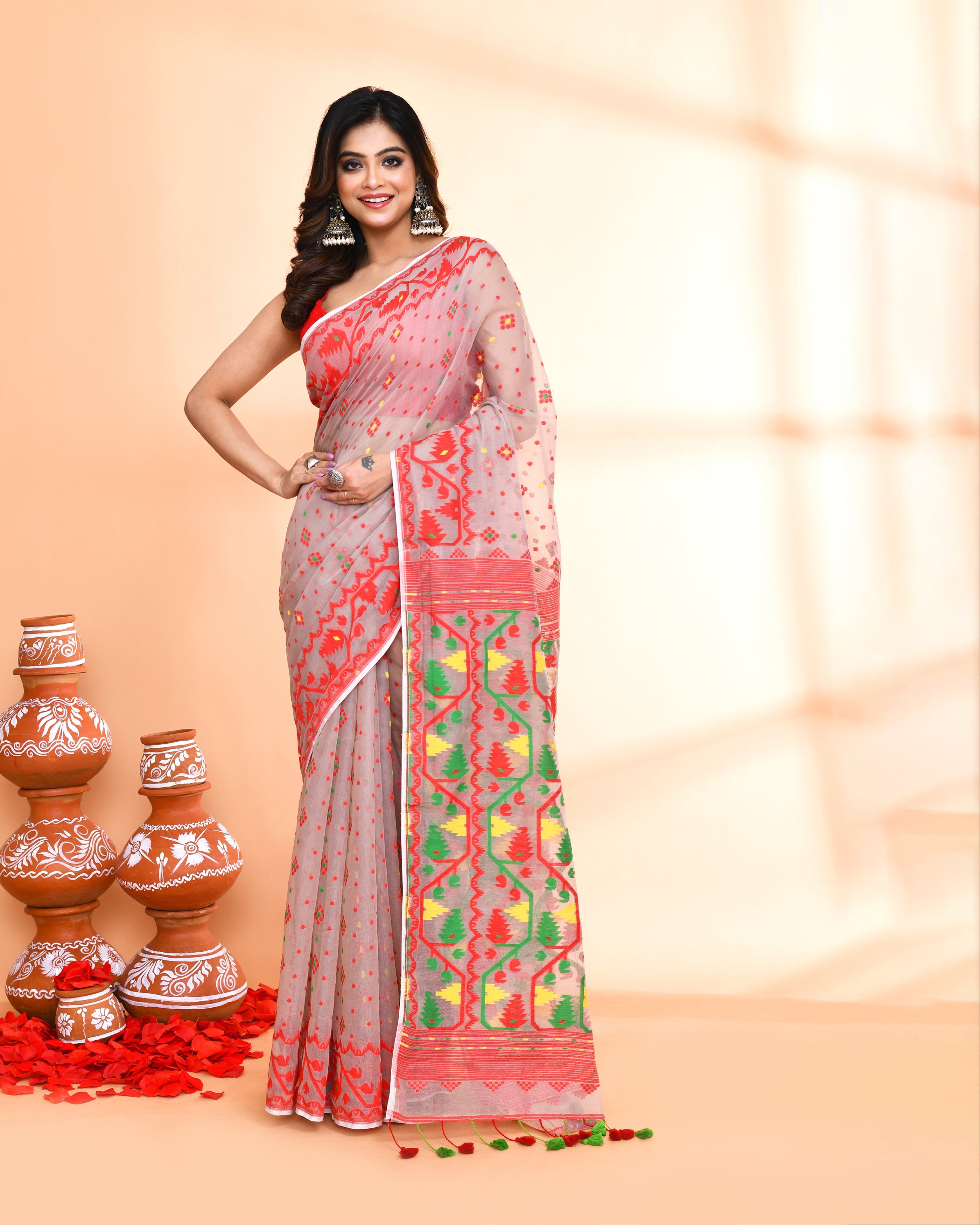 Piyari Fashion Women's Cane Beige Cotton Silk Jamdani Saree - Distacart
