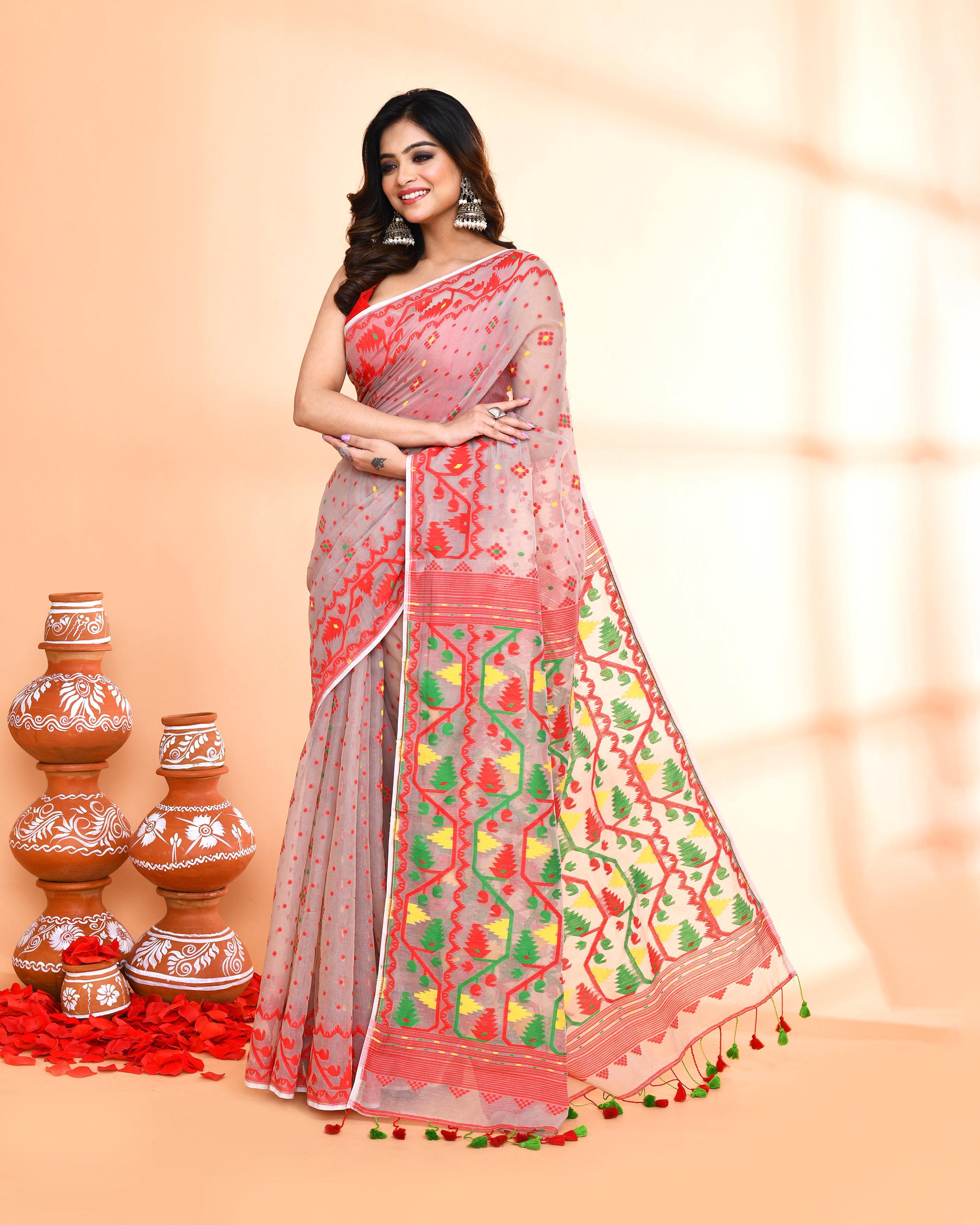 Piyari Fashion Women's Cane Beige Cotton Silk Jamdani Saree - Distacart