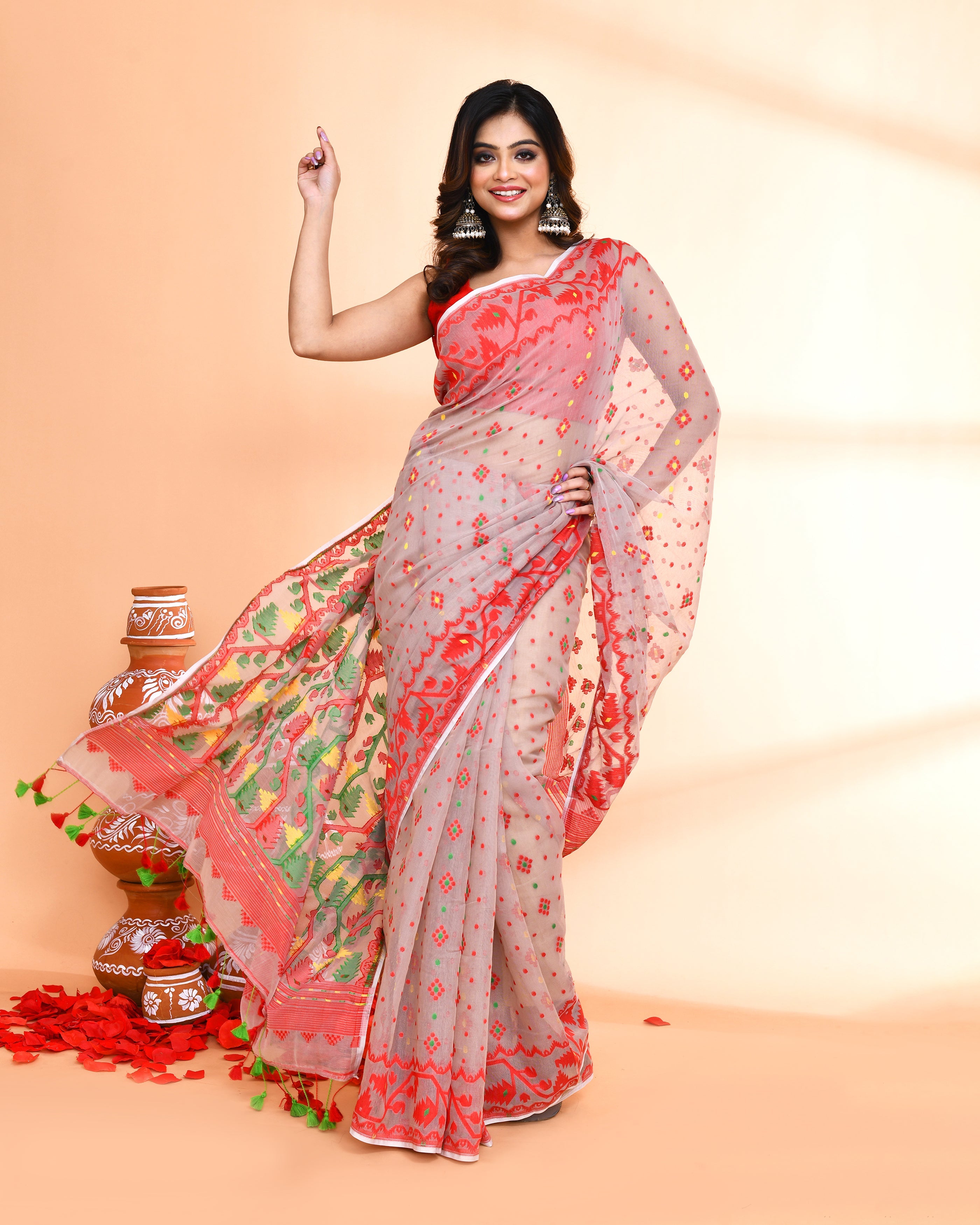 Piyari Fashion Women's Cane Beige Cotton Silk Jamdani Saree - Distacart