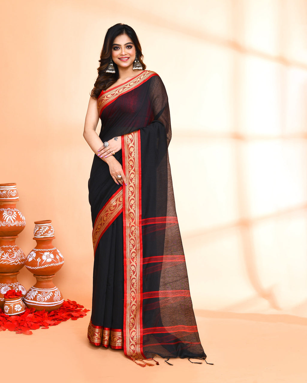 Piyari Fashion Women`s Cotton Silk Black Handloom Saree With Blouse - Distacart