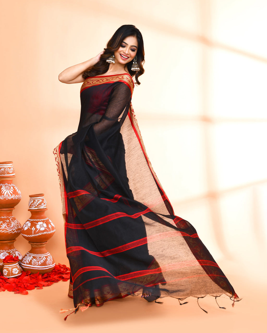 Piyari Fashion Women`s Cotton Silk Black Handloom Saree With Blouse - Distacart