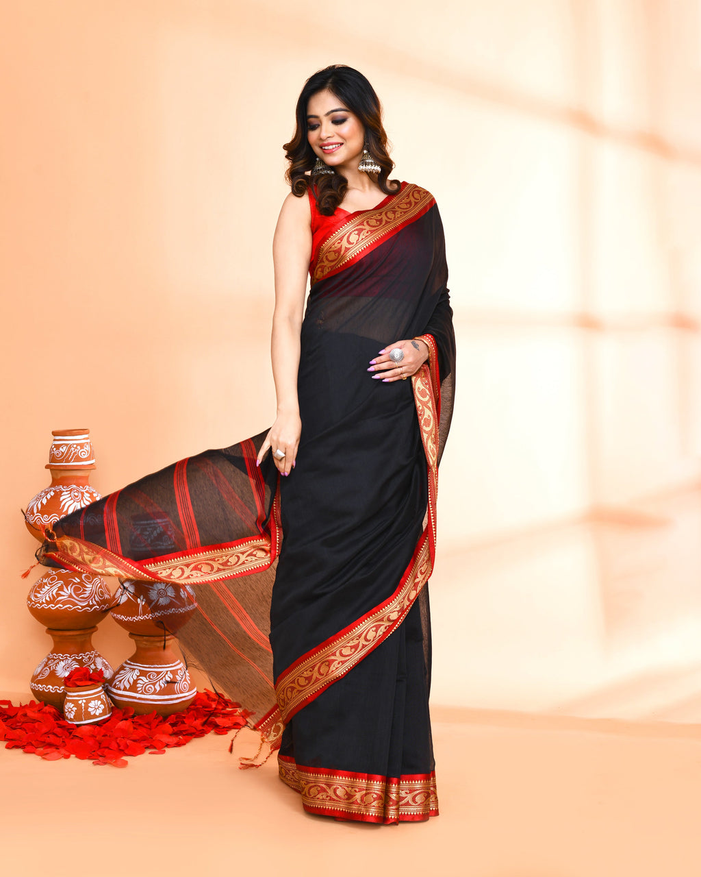 Piyari Fashion Women`s Cotton Silk Black Handloom Saree With Blouse - Distacart