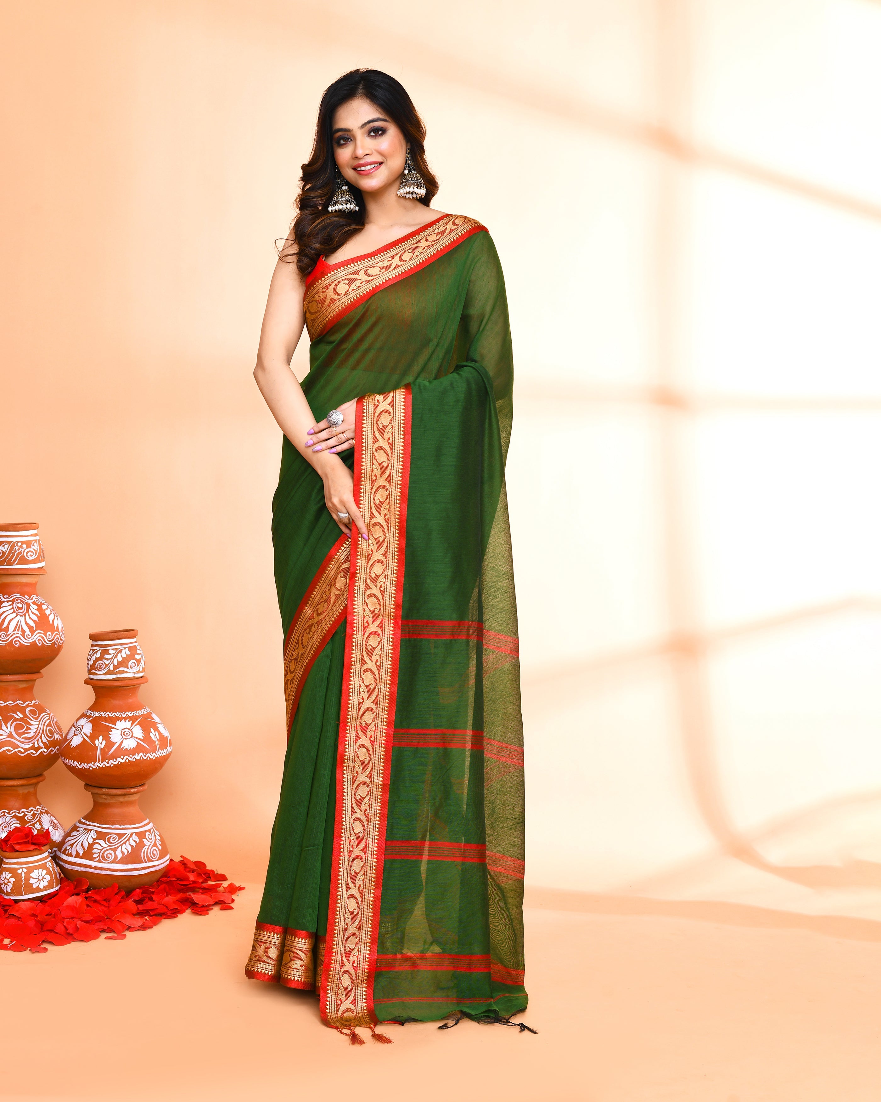 Piyari Fashion Women`s Cotton Silk Moss Green Handloom Saree With Blouse - Distacart