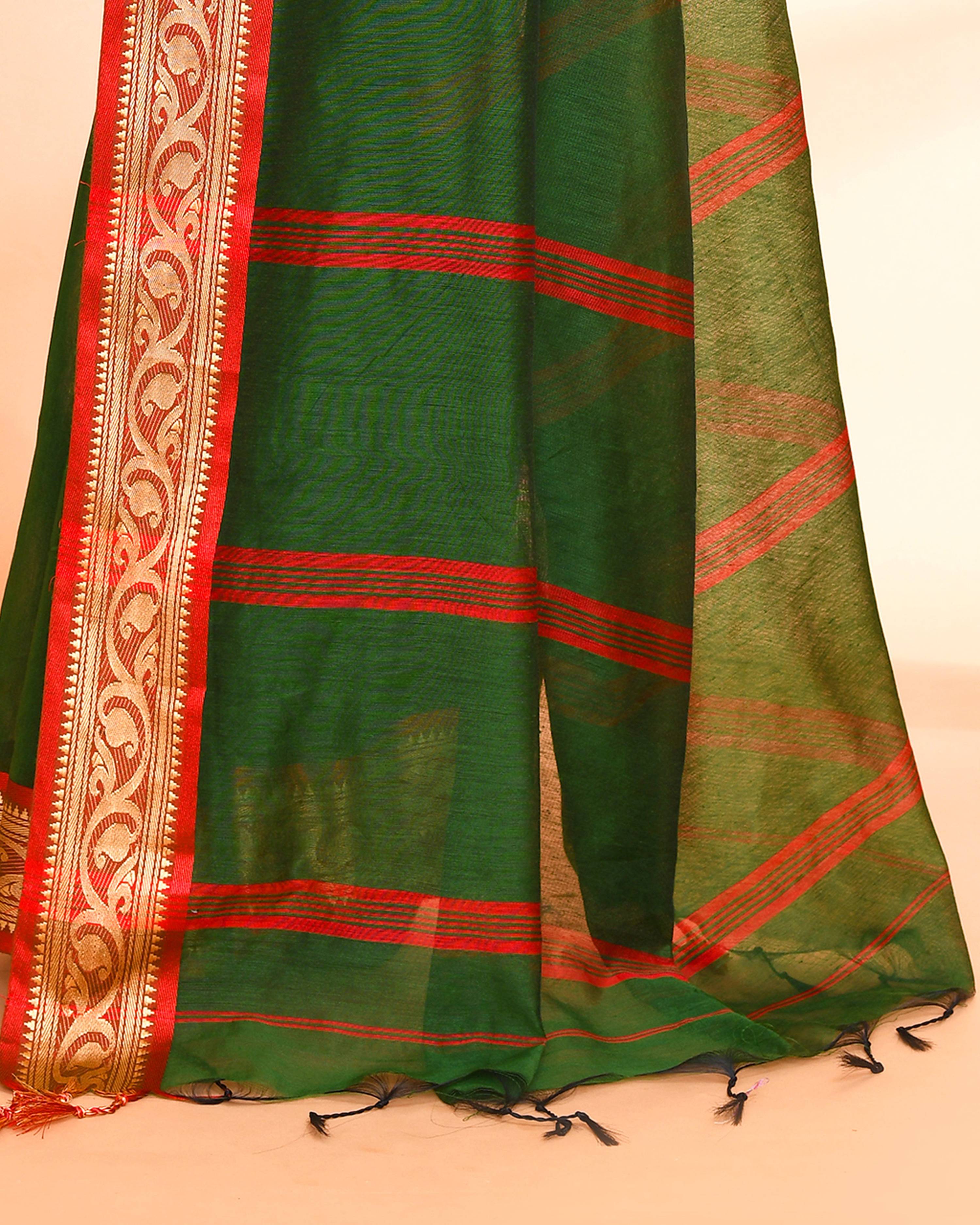 Piyari Fashion Women`s Cotton Silk Moss Green Handloom Saree With Blouse - Distacart