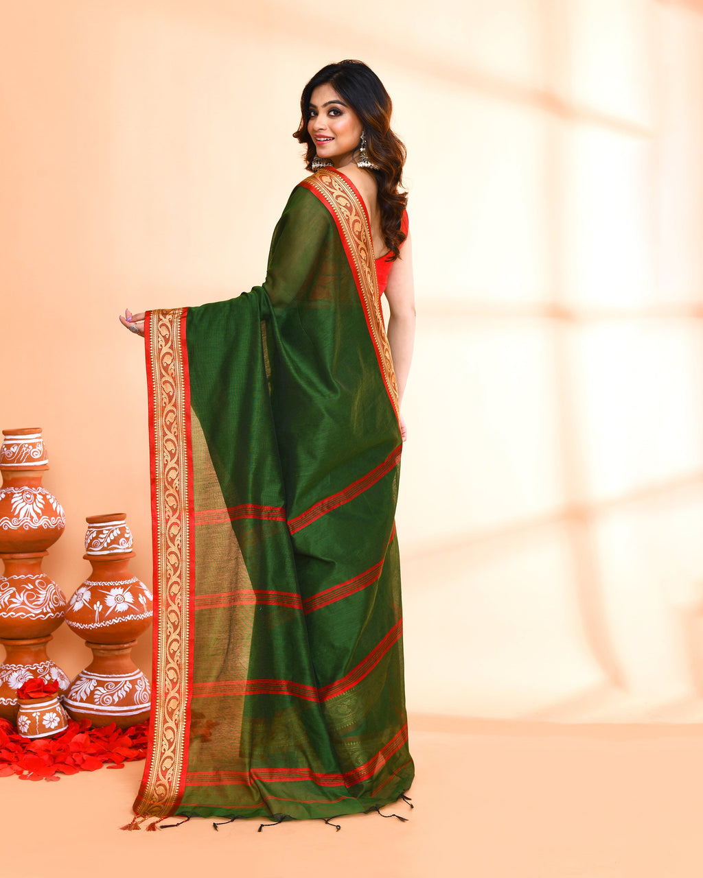 Piyari Fashion Women`s Cotton Silk Moss Green Handloom Saree With Blouse - Distacart