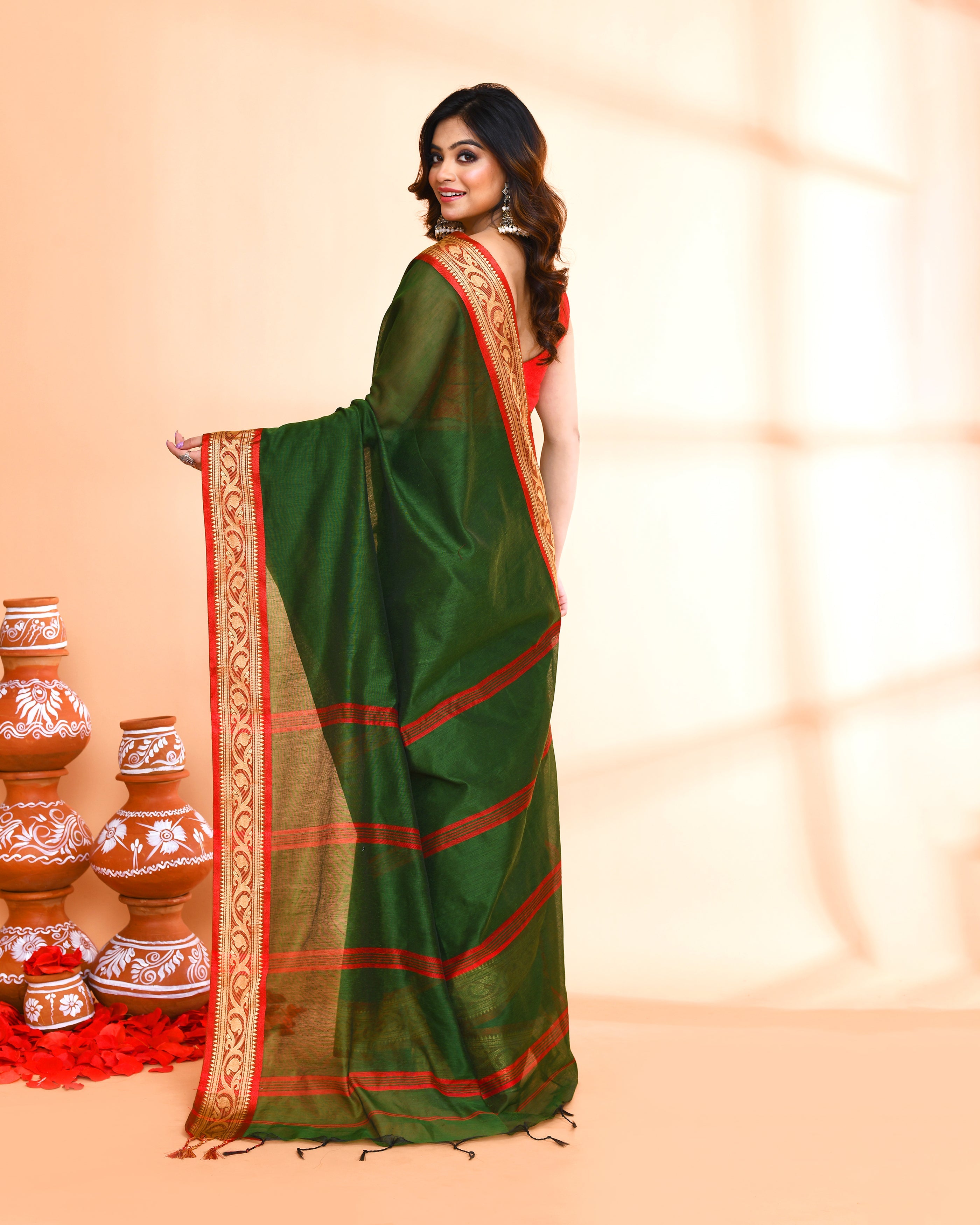 Piyari Fashion Women`s Cotton Silk Moss Green Handloom Saree With Blouse - Distacart