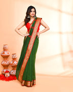 Piyari Fashion Women`s Cotton Silk Moss Green Handloom Saree With Blouse - Distacart