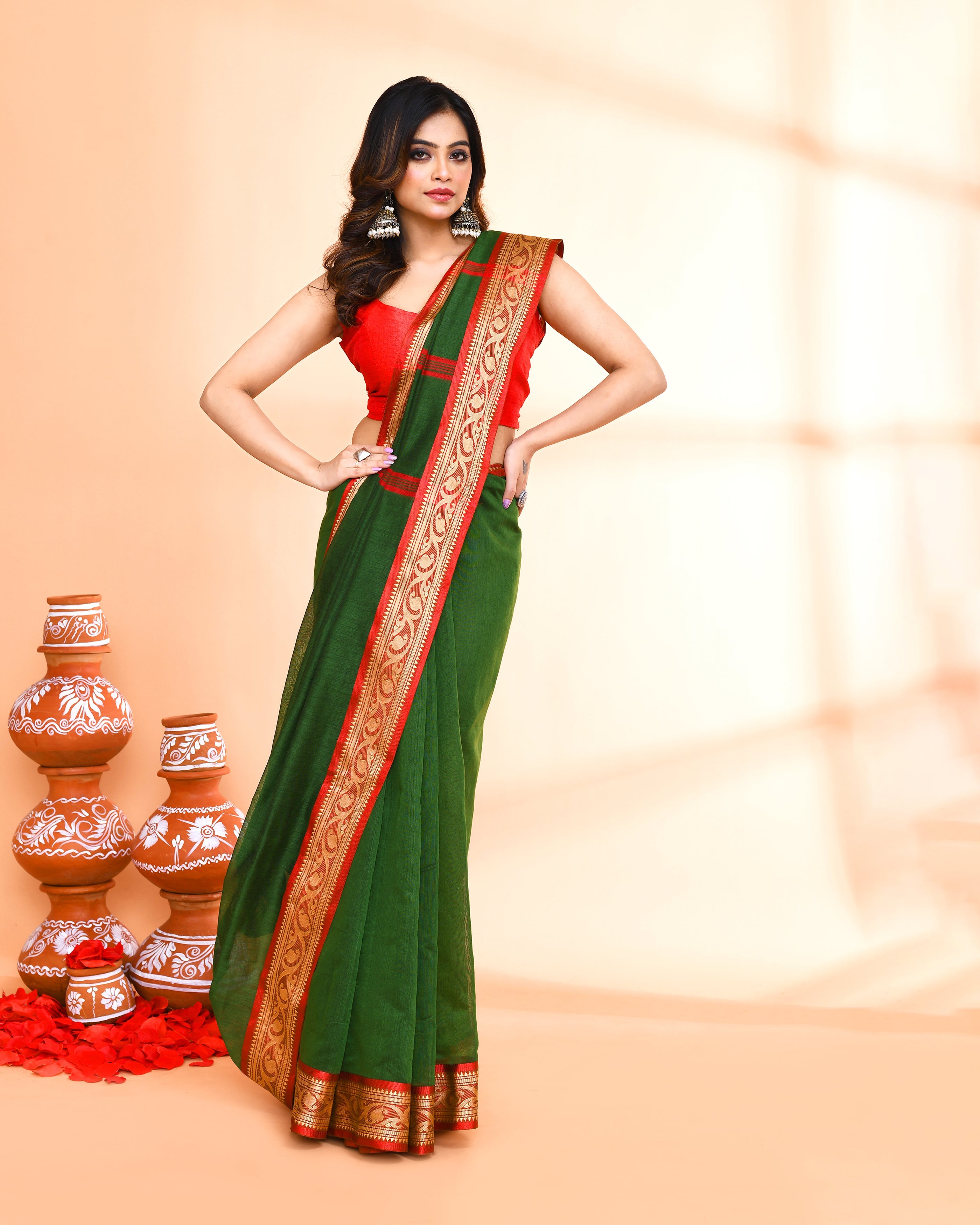 Piyari Fashion Women`s Cotton Silk Moss Green Handloom Saree With Blouse - Distacart