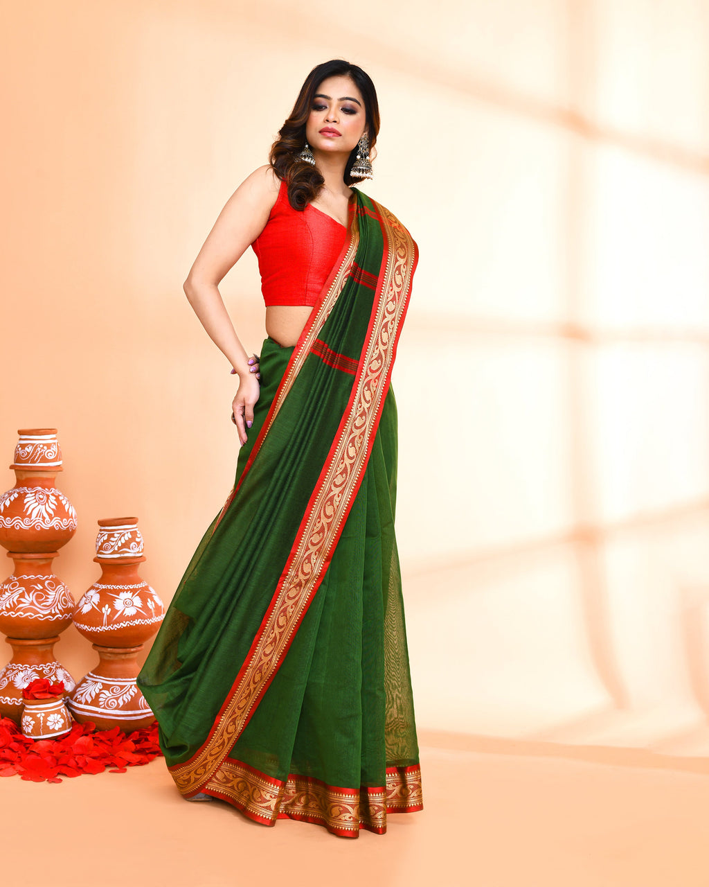 Piyari Fashion Women`s Cotton Silk Moss Green Handloom Saree With Blouse - Distacart