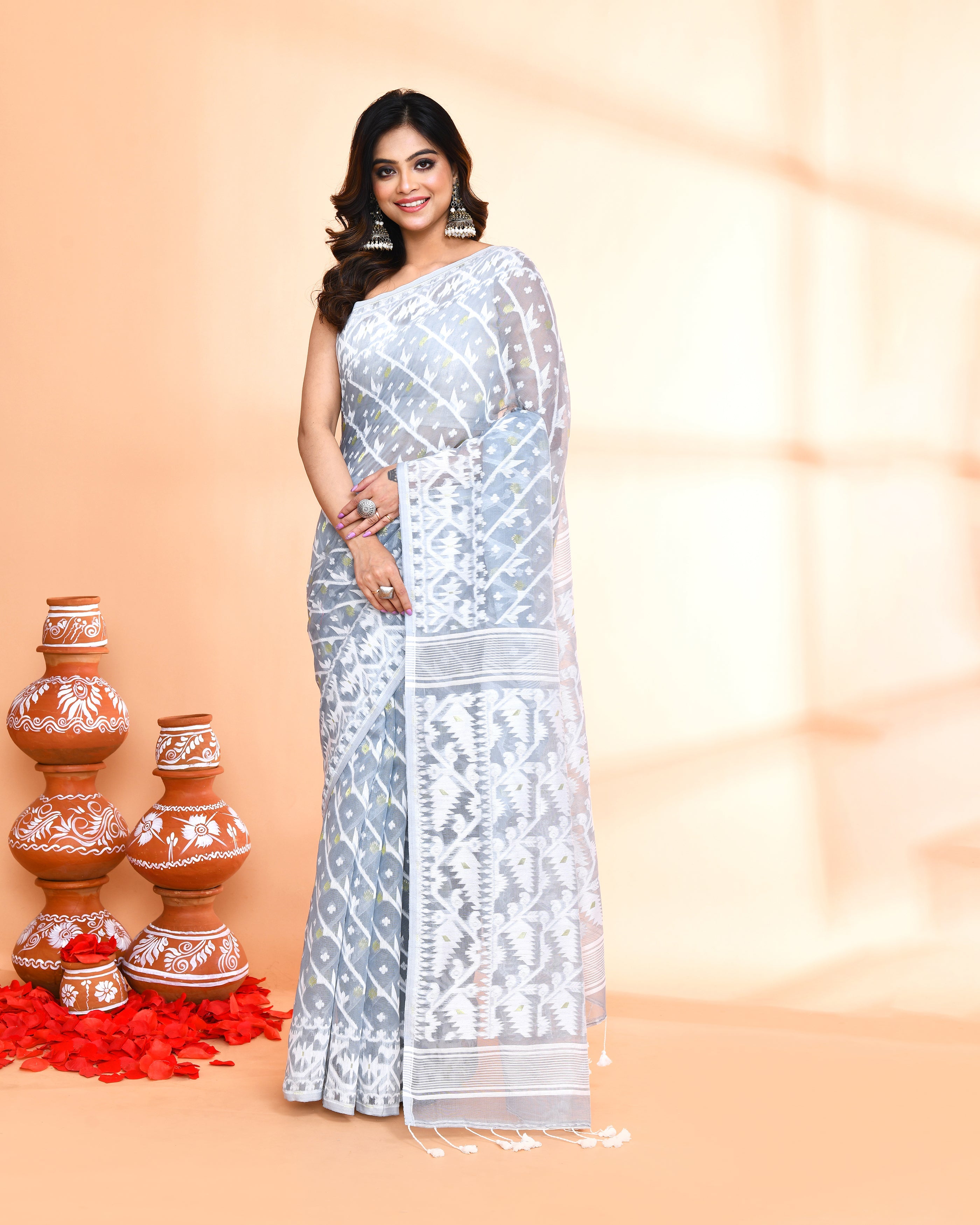 Piyari Fashion Women's Pebble Grey Cotton Silk Jamdani Saree - Distacart