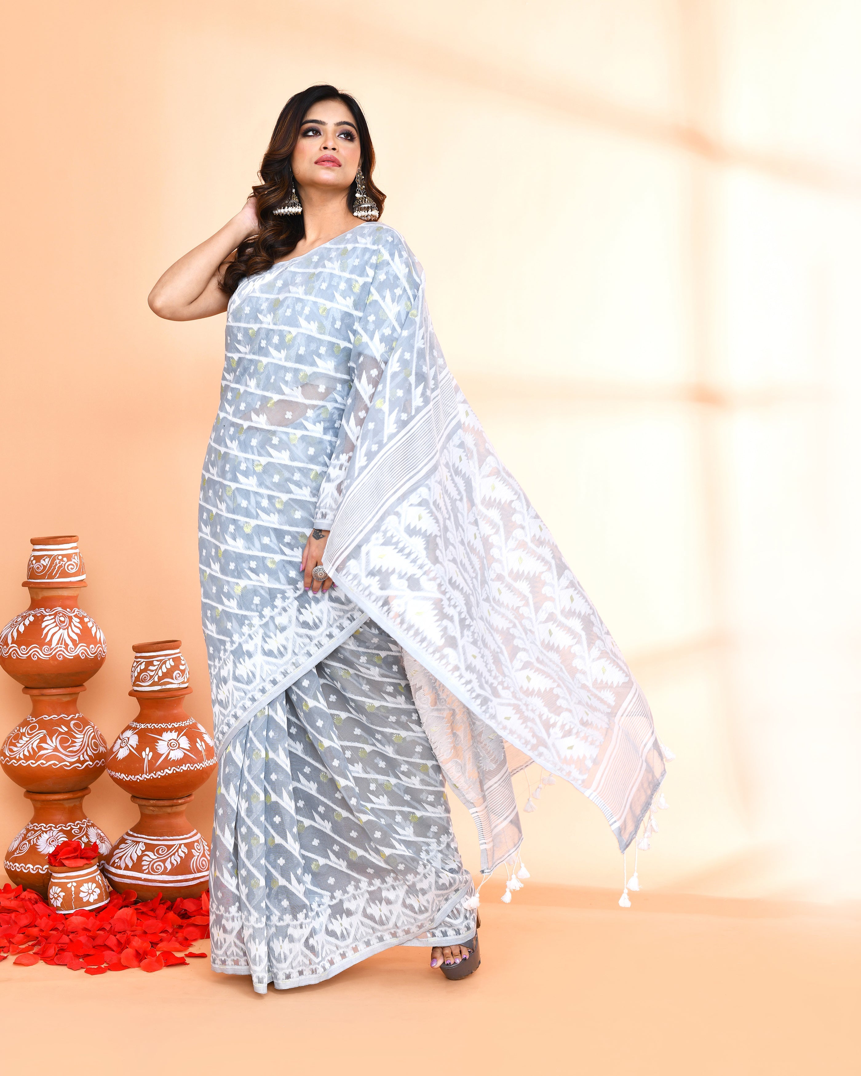 Piyari Fashion Women's Pebble Grey Cotton Silk Jamdani Saree - Distacart